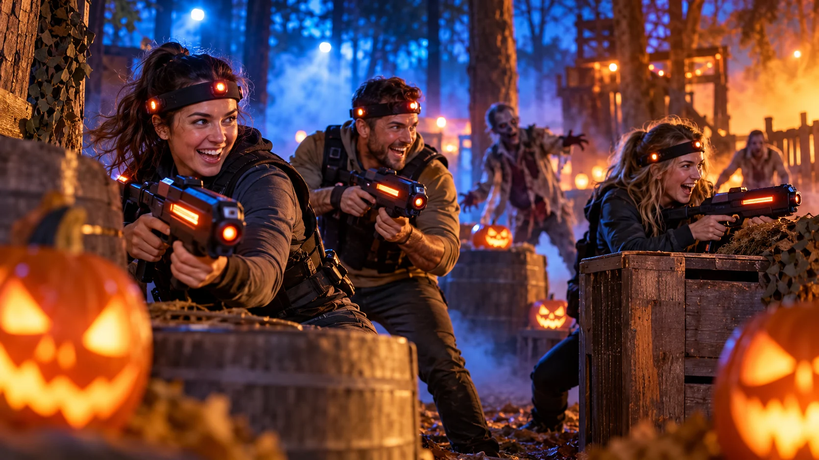 Spannende Halloween-lasergame met spelers, pompoenen en een zombie in een sfeervol speelveld
